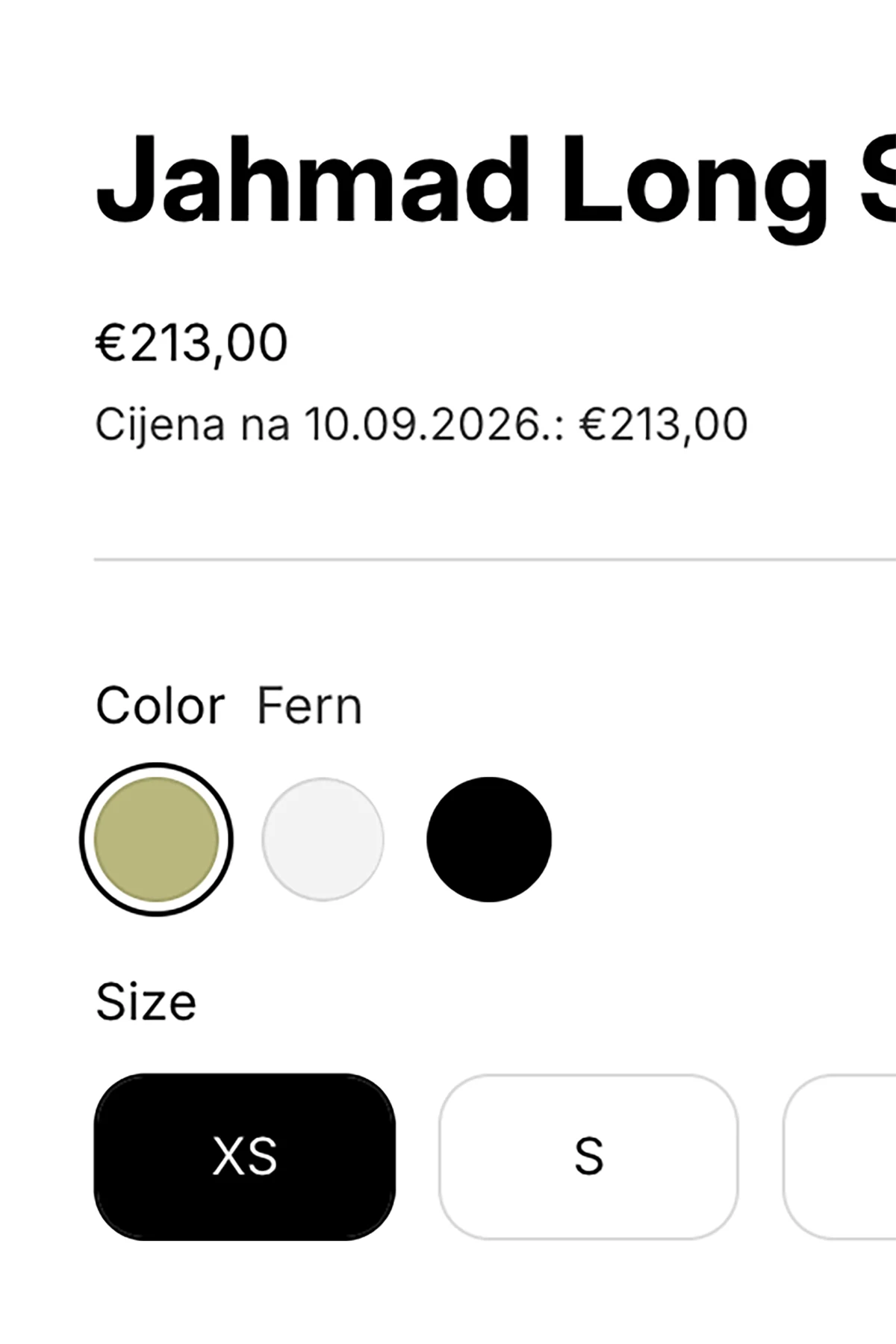 Stranica proizvoda u Shopify trgovini: ispod cijene od 213,00 € stoji redak &bdquo;Cijena na 10.09.2026.: €213,00&rdquo;.
