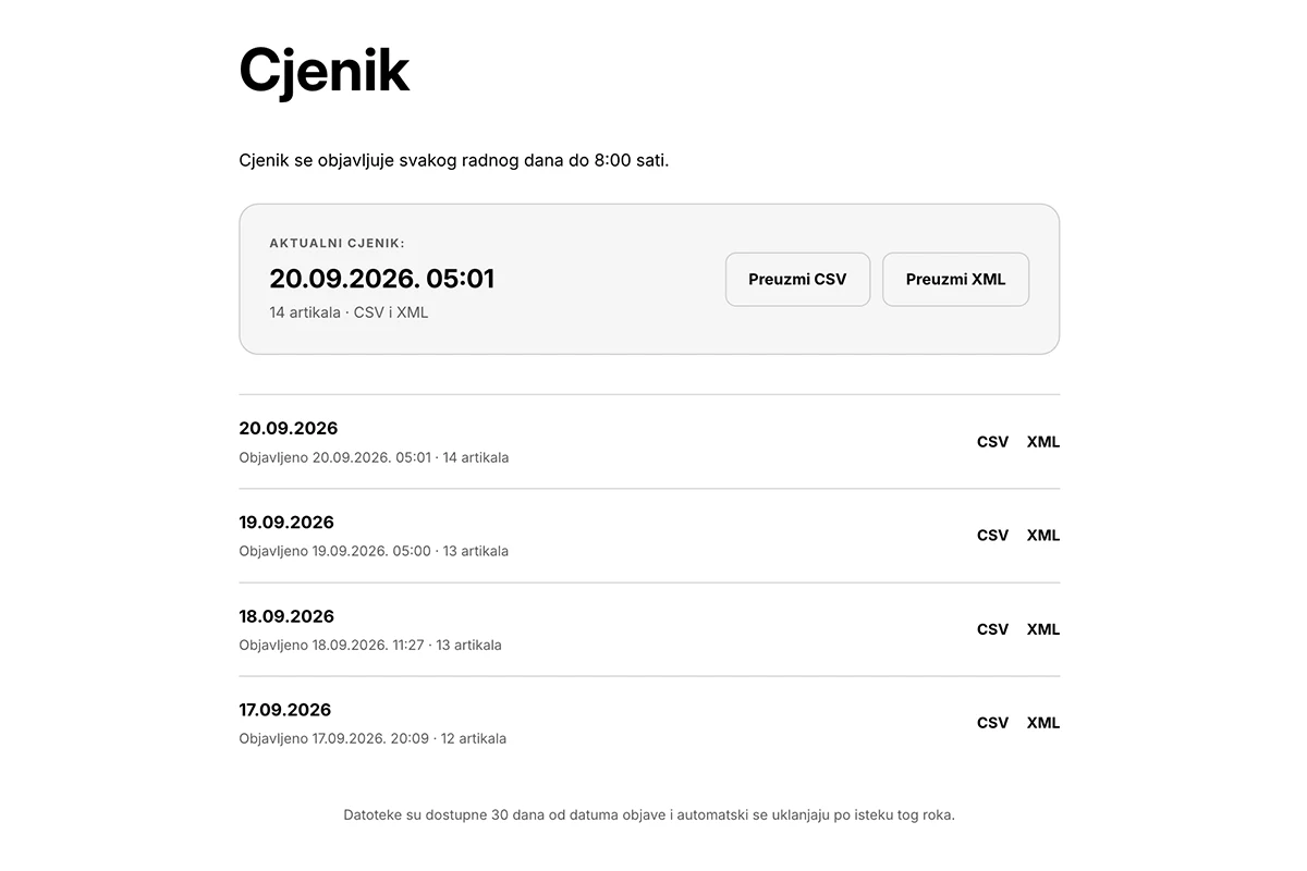Stranica &bdquo;Cjenik&rdquo;: aktualni cjenik s gumbima za preuzimanje u CSV i XML obliku, a ispod arhiva objava zadnjih 30 dana.