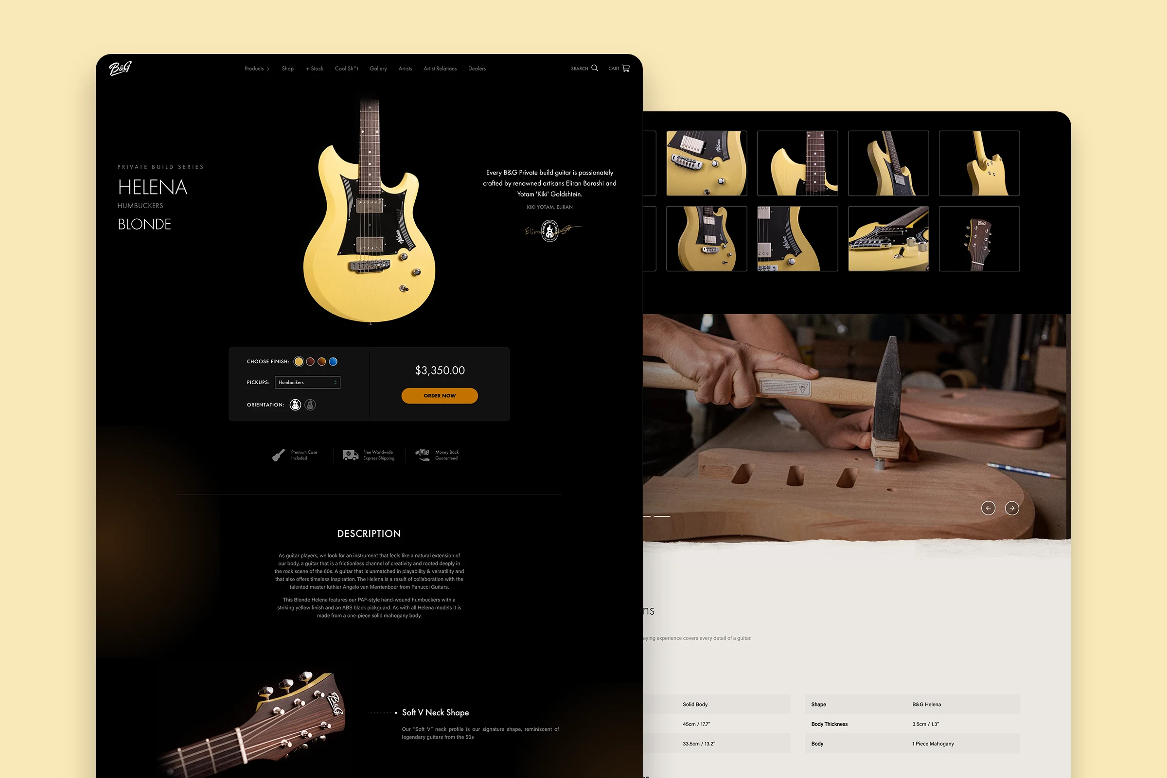 The B&G Guitars product page for the Helena Blonde, shown in a browser window, beside its detail shots and specification table.