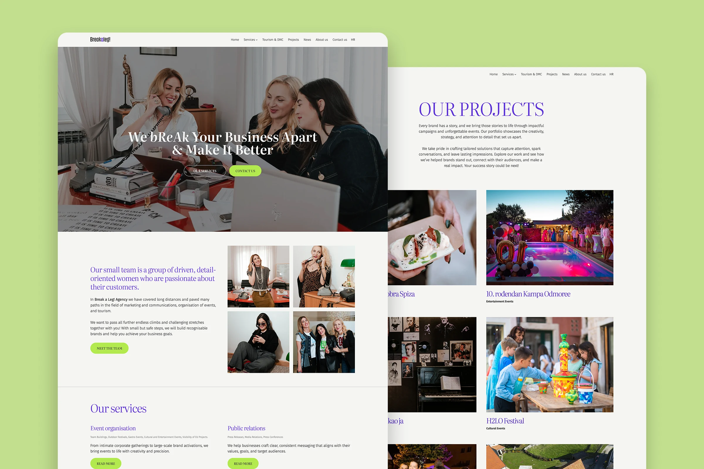 The Break a Leg! home page, shown in a browser window, beside the projects gallery page.