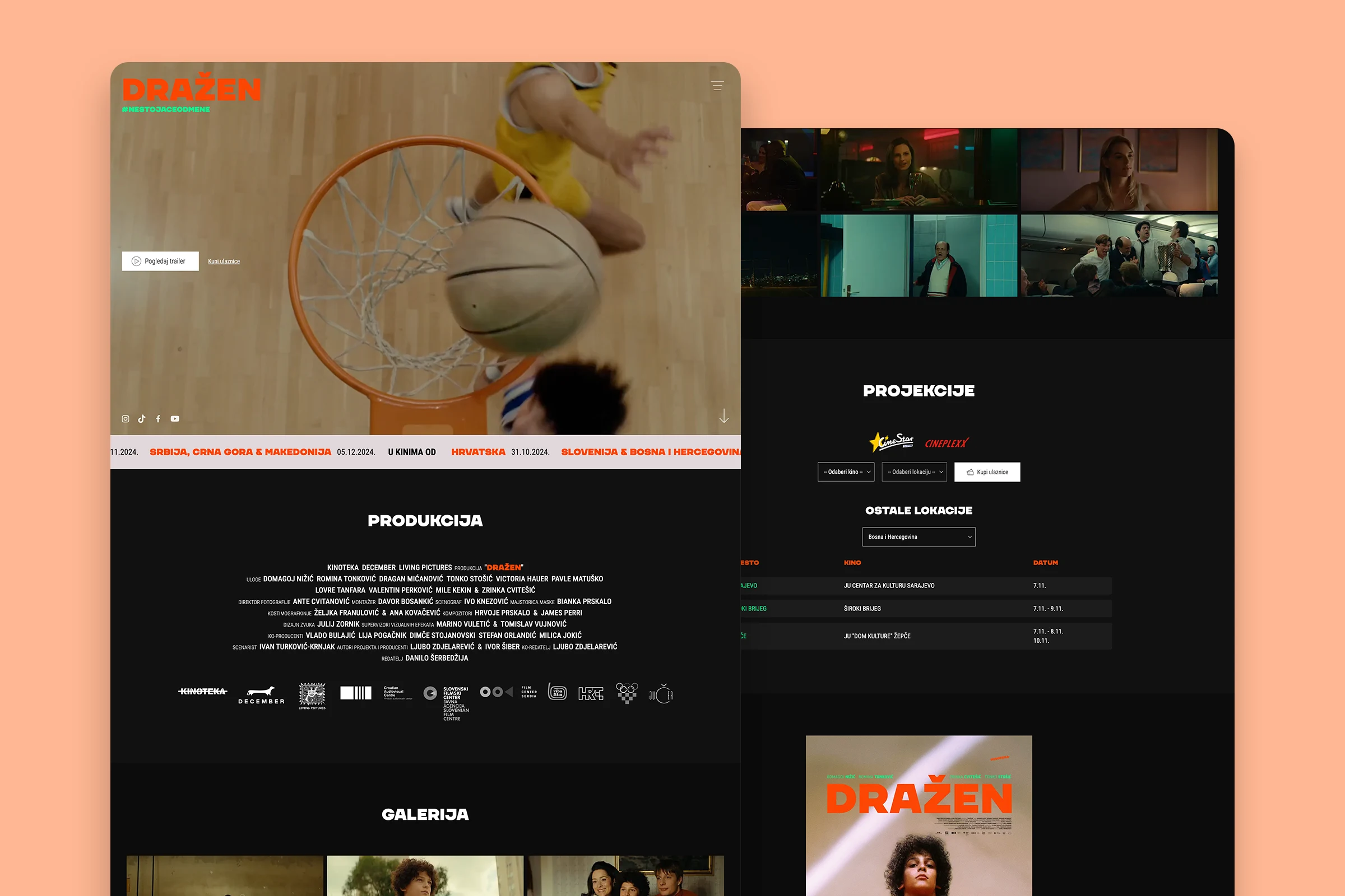 The Dražen film site, shown in a browser window, with the trailer still on the home page and the cinema listings page beside it.