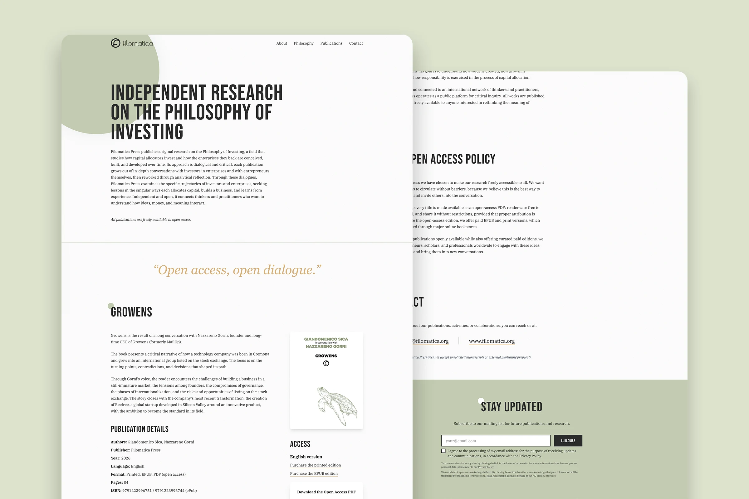 The Filomatica Press home page, shown in a browser window, beside the open access policy and contact page.
