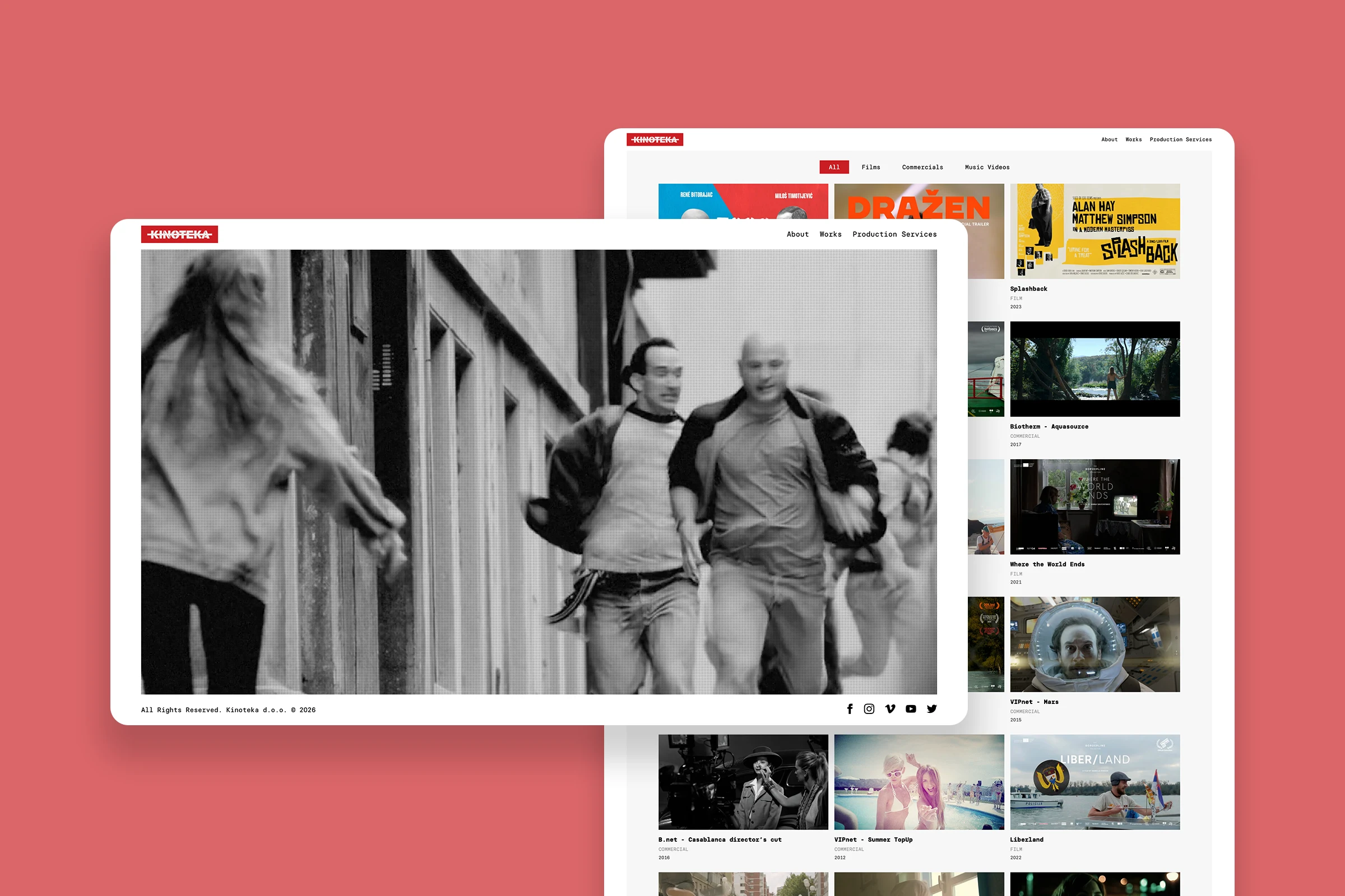 A Kinoteka work page, shown in a browser window, beside the filterable works archive.