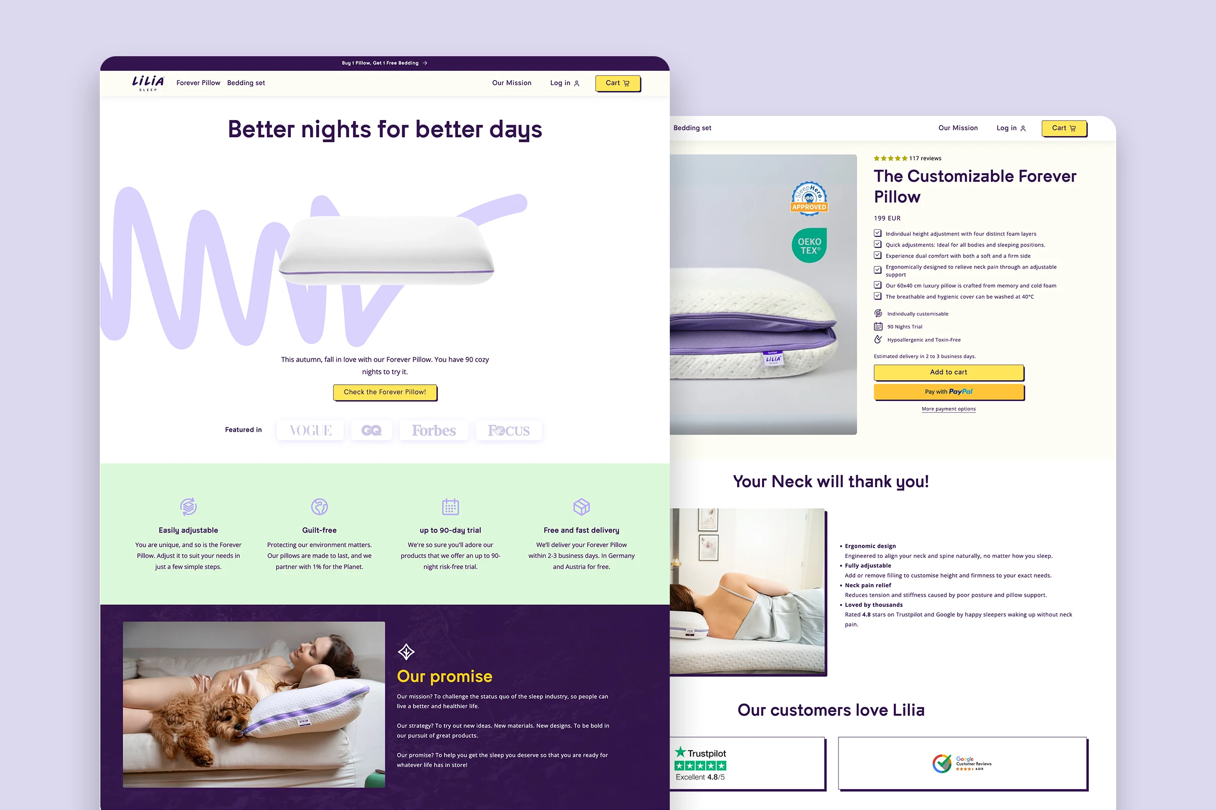The Lilia Sleep home page, shown in a browser window, beside the Forever Pillow product page.