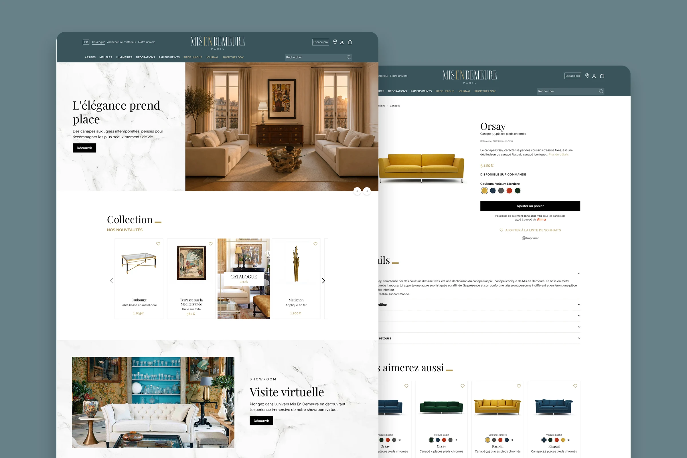 The Mis en Demeure home page, shown in a browser window, beside a sofa product page.