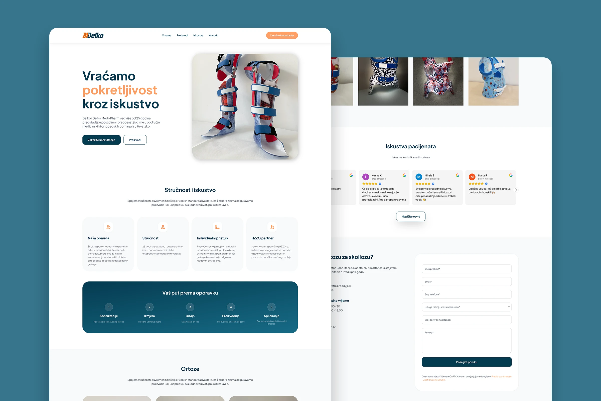 The Ortoza home page, shown in a browser window, with a custom leg orthosis beside the consultation form.
