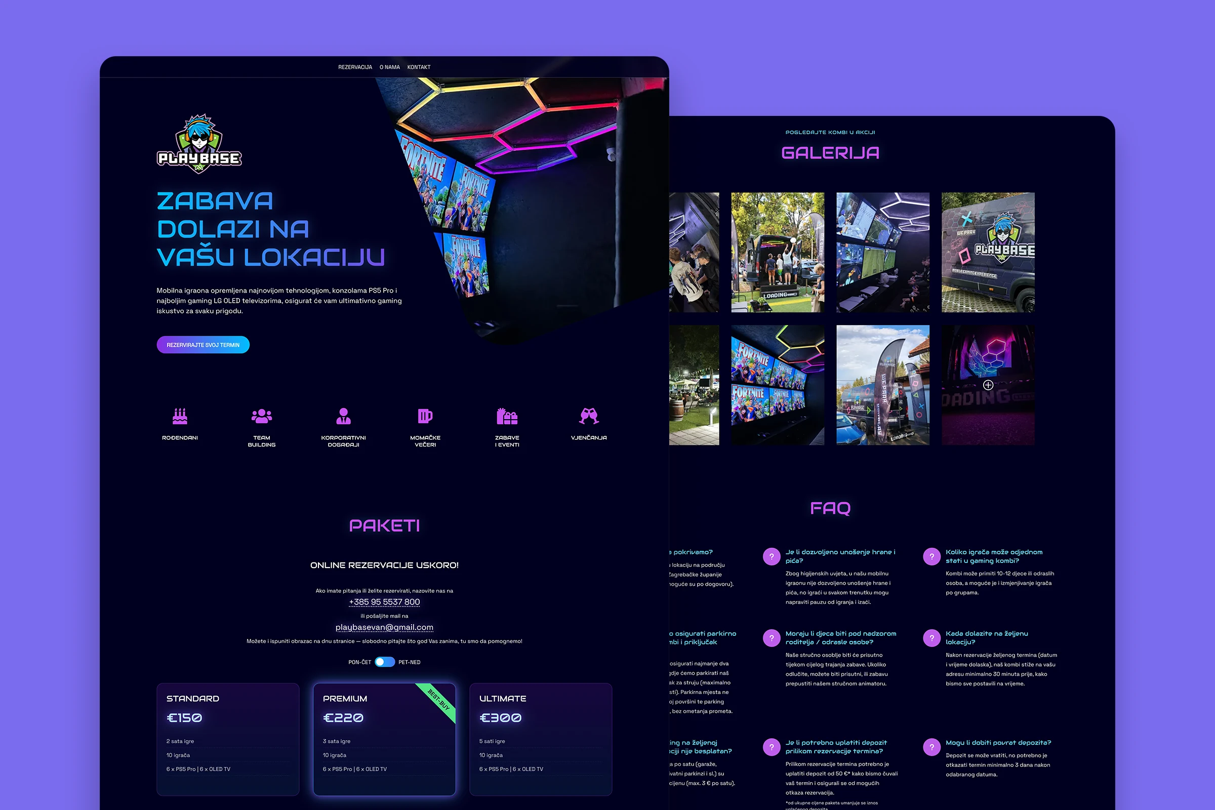 The Playbase Van home page, shown in a browser window, with the van's gaming interior above the three booking packages.