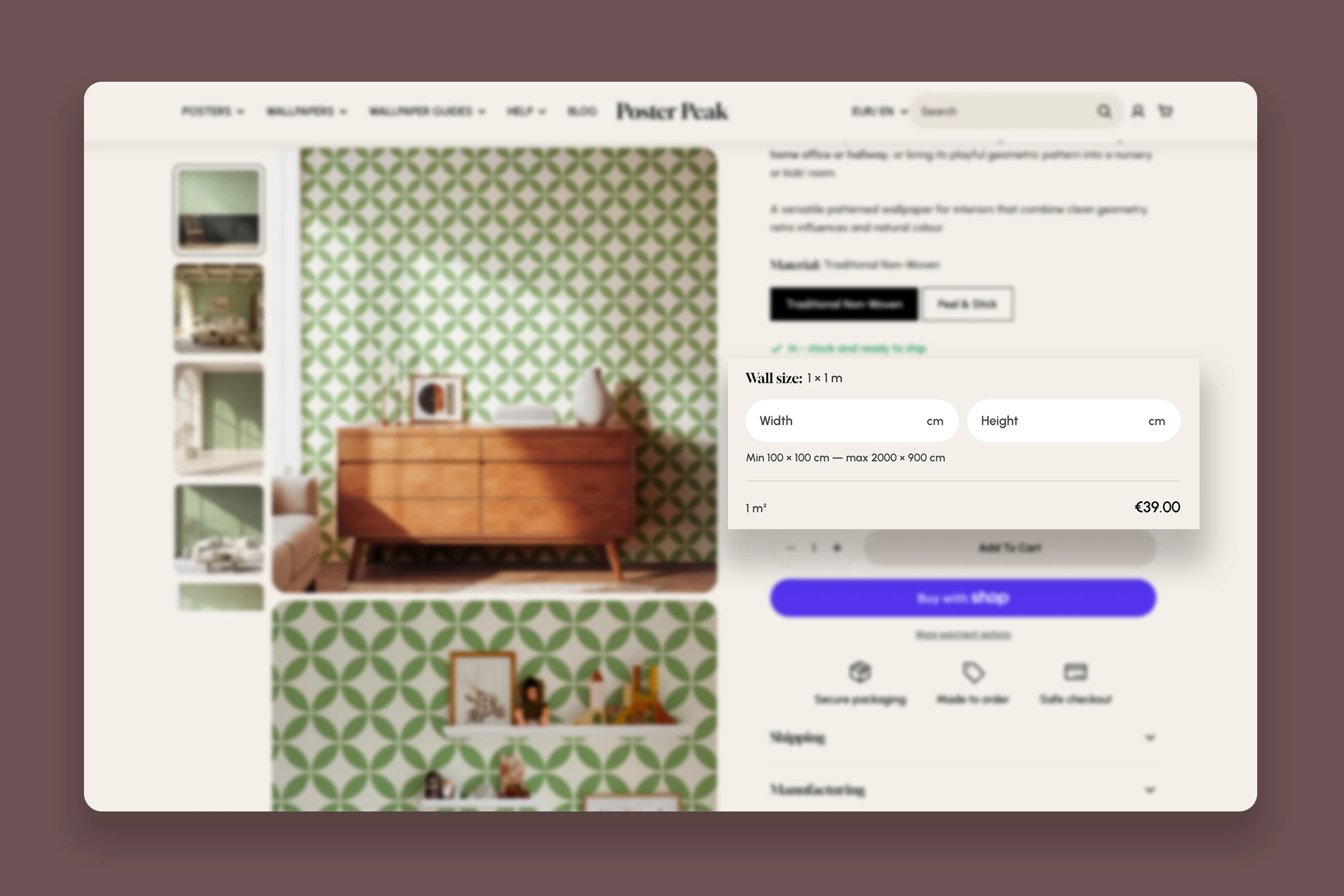 A Poster Peak wallpaper product page, showing the wall-size calculator that prices by measured width and height.