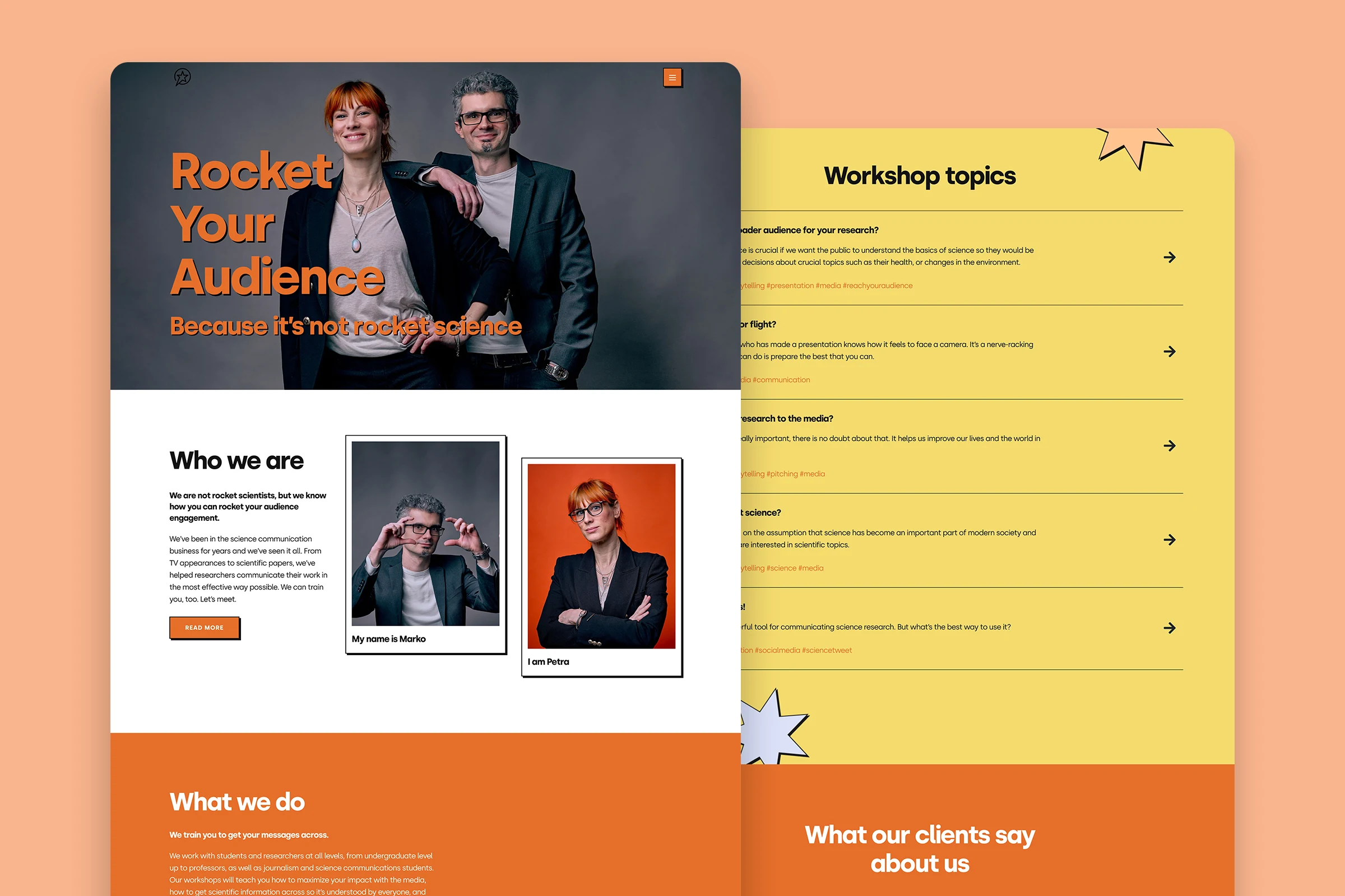 The Rocket Your Audience home page, shown in a browser window, beside the workshop topics page.