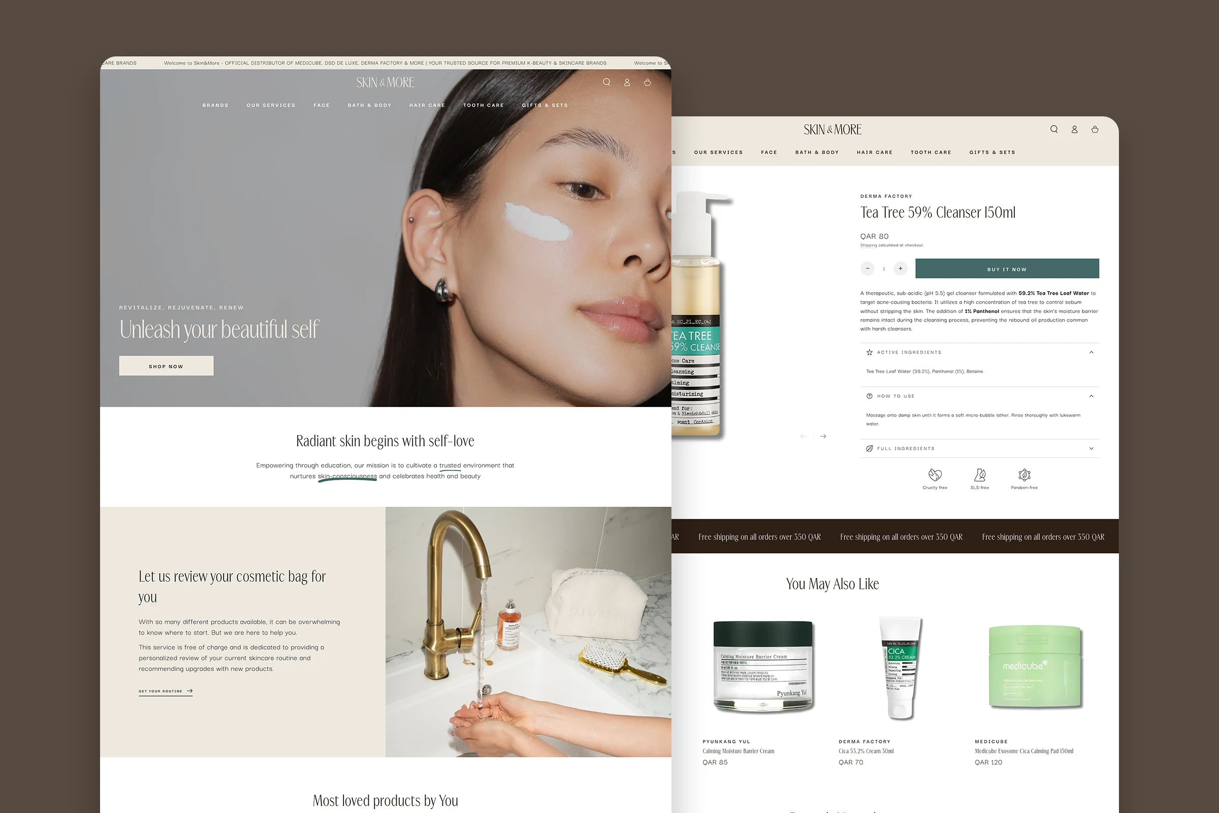The Skin&More home page, shown in a browser window.