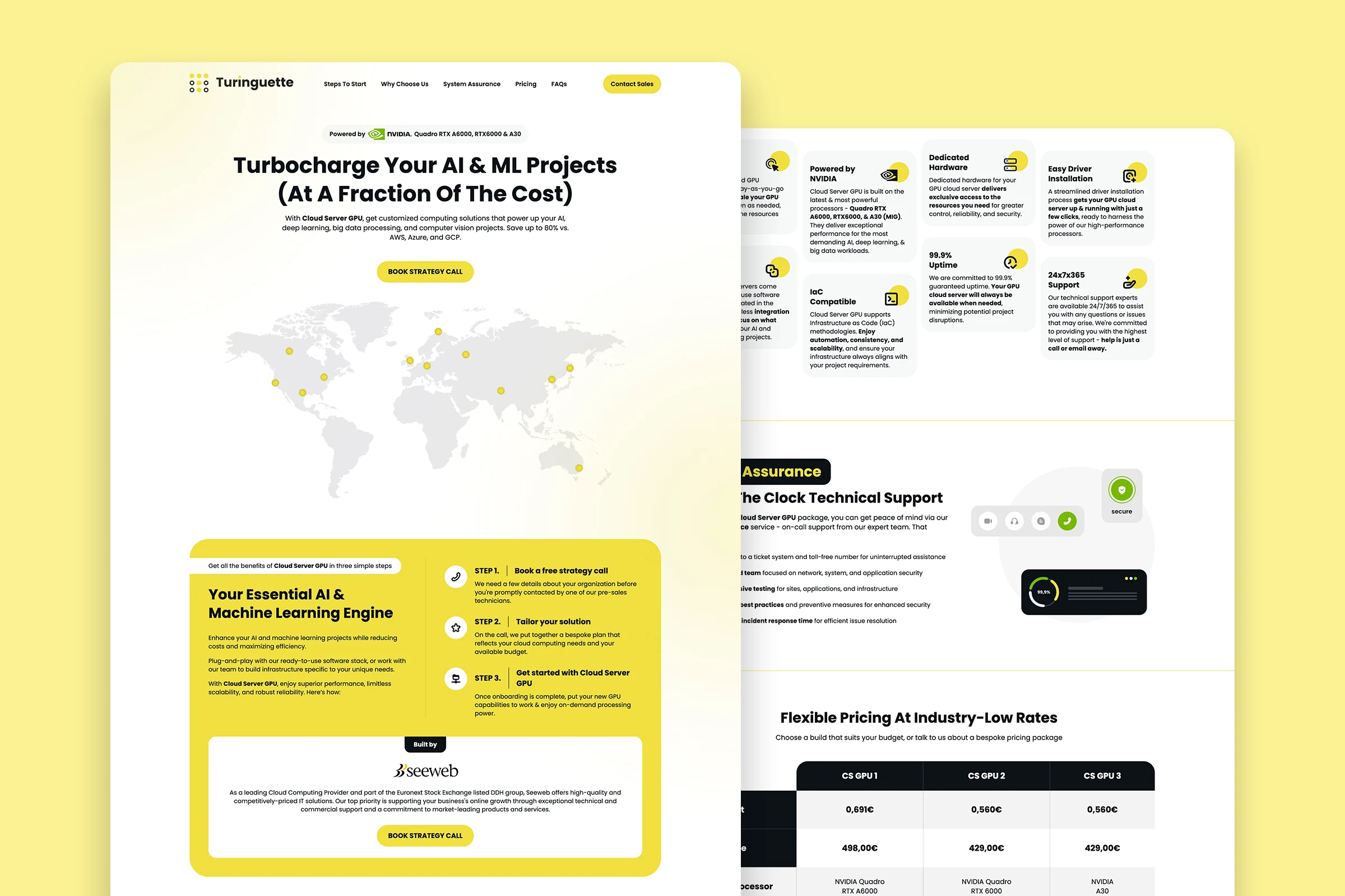 The Turinguette Cloud Server GPU landing page, shown in a browser window, beside its feature grid and pricing table.